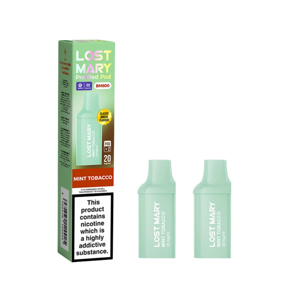 Two Lost Mary BM600 vape refill pods in "Mint Tobacco" flavour with colourful packaging on a white background.