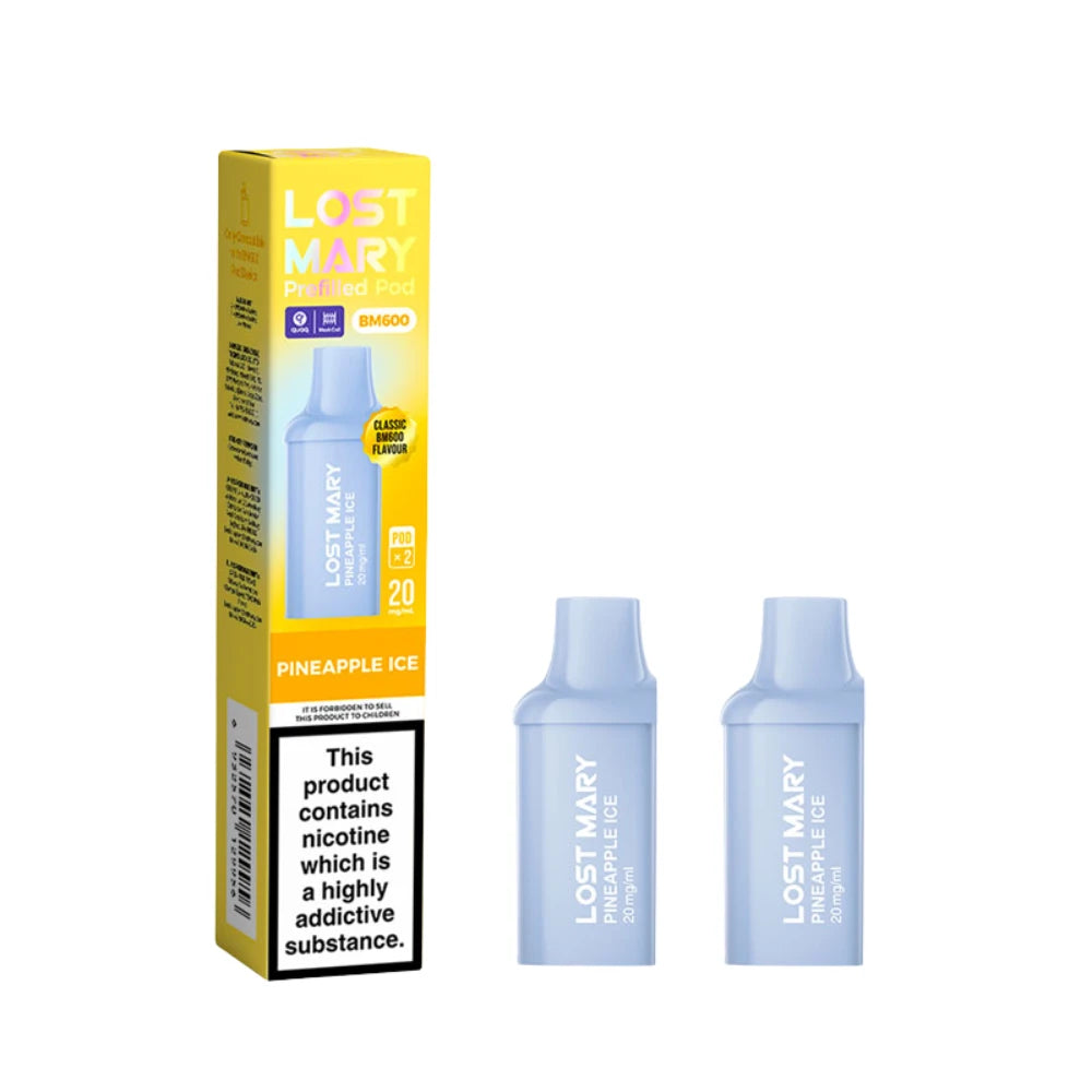 Two Lost Mary BM600 vape refill pods in "Pineapple Ice" flavour with colourful packaging on a white background.