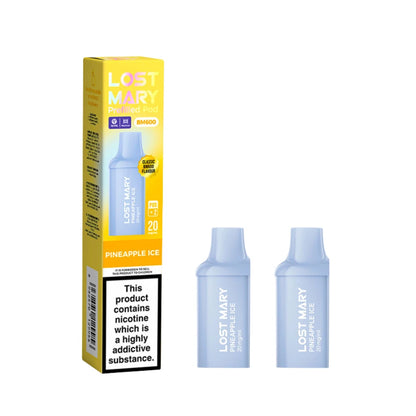 Two Lost Mary BM600 vape refill pods in "Pineapple Ice" flavour with colourful packaging on a white background.
