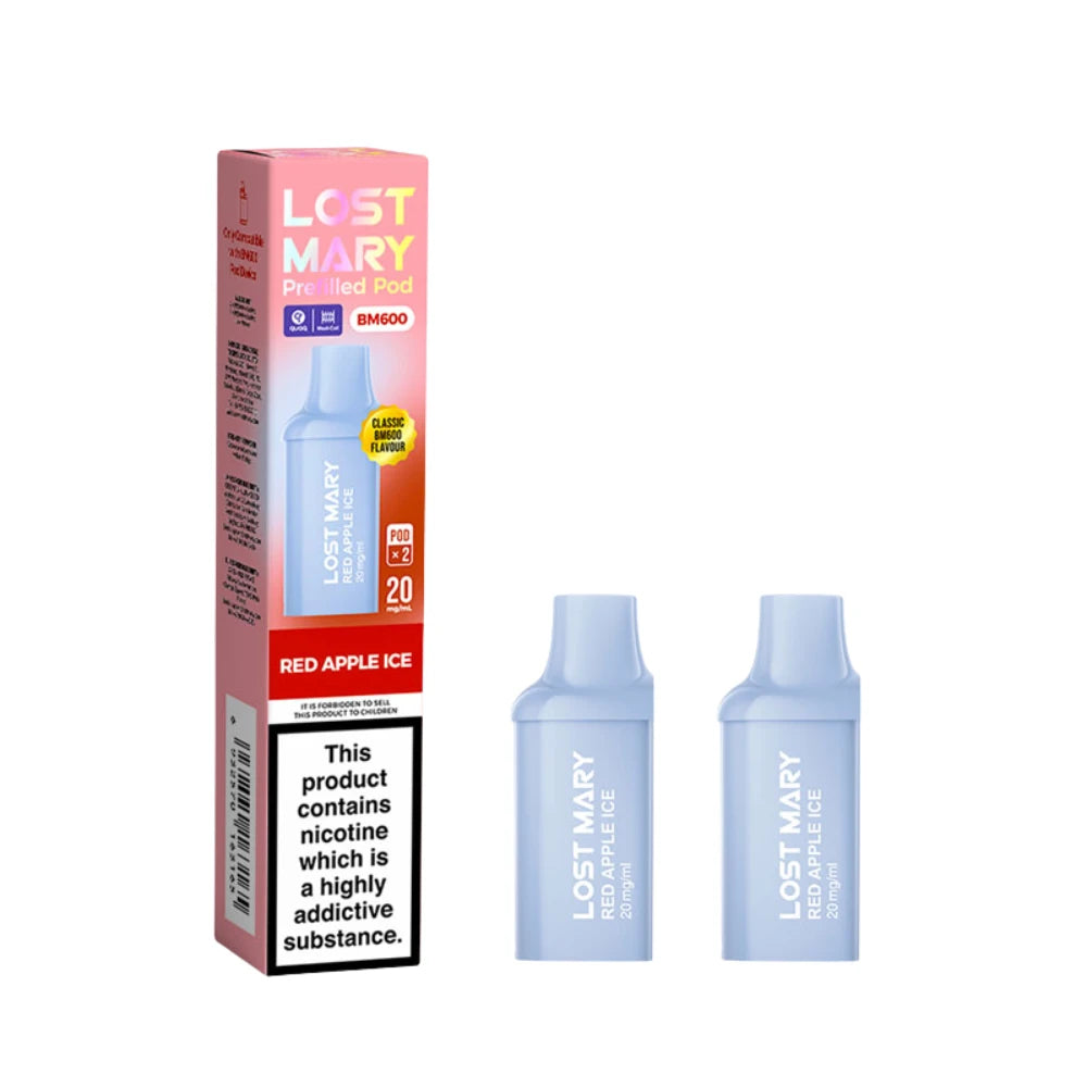 Two Lost Mary BM600 vape refill pods in "Red Apple Ice" flavour with colourful packaging on a white background.