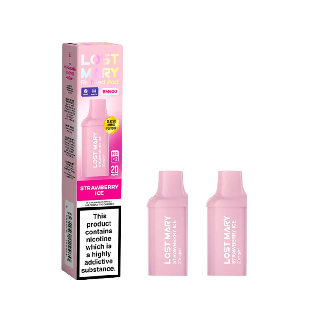 Two Lost Mary BM600 vape refill pods in "Strawberry Ice" flavour with colourful packaging on a white background.