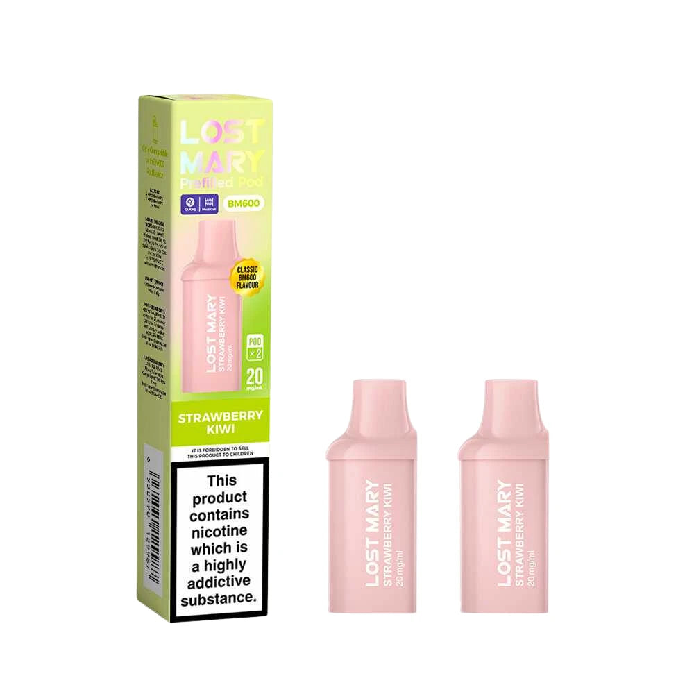 Two Lost Mary BM600 vape refill pods in "Strawberry Kiwi" flavour with colourful packaging on a white background.