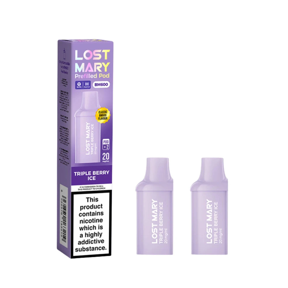 Two Lost Mary BM600 vape refill pods in "Triple Berry Ice" flavour with colourful packaging on a white background.