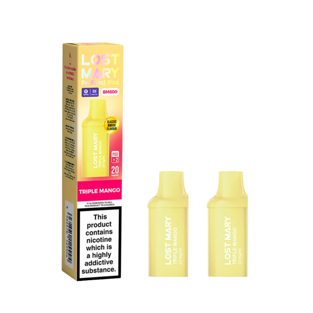 Two Lost Mary BM600 vape refill pods in "Triple Mango" flavour with colourful packaging on a white background.