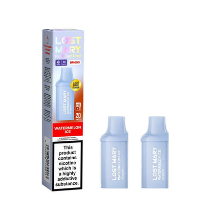 Two Lost Mary BM600 vape refill pods in "Watermelon ice" flavour with colourful packaging on a white background.