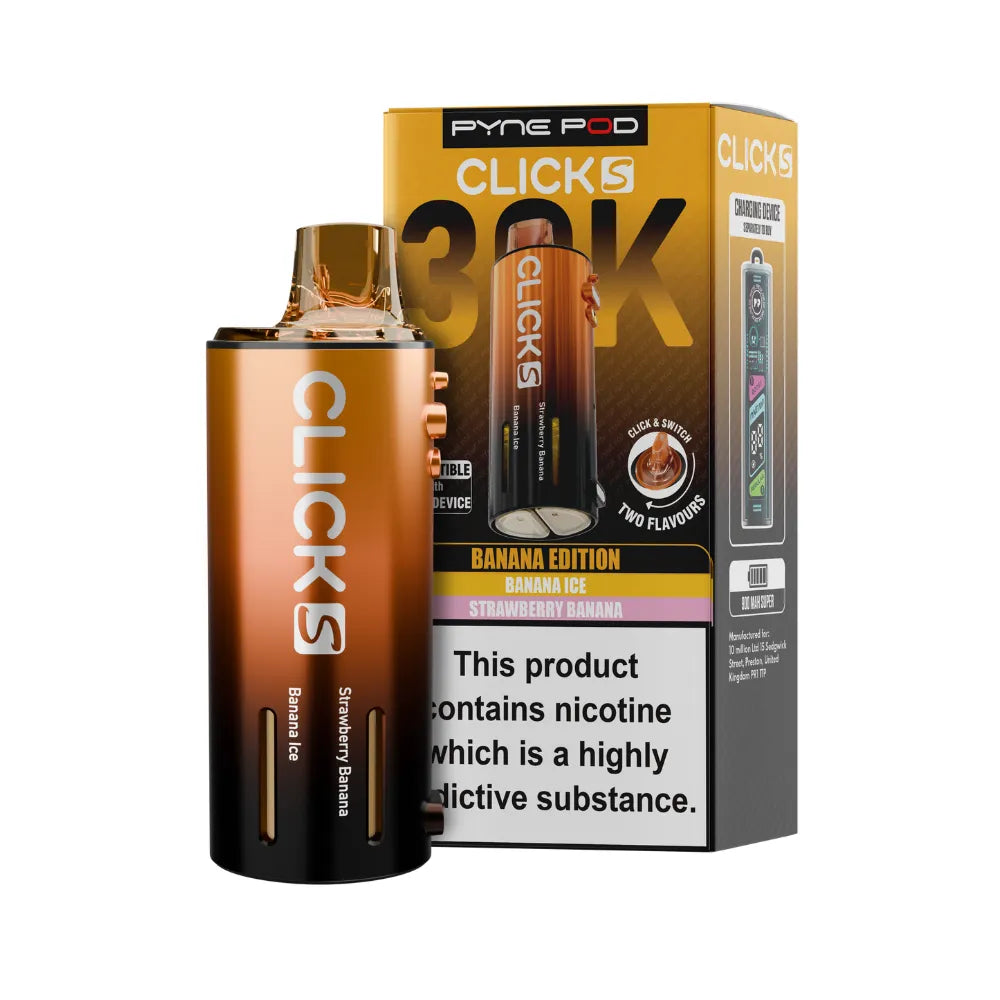 Pyne Pod Click S Pod in Banana Edition beside packaging on a white background.