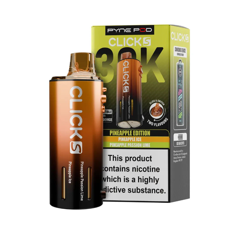 Pyne Pod Click S Pod in Pineapple Edition beside packaging on a white background.