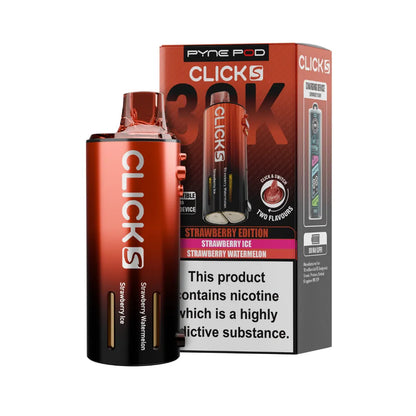 Pyne Pod Click S Pod in Strawberry Edition beside packaging on a white background.