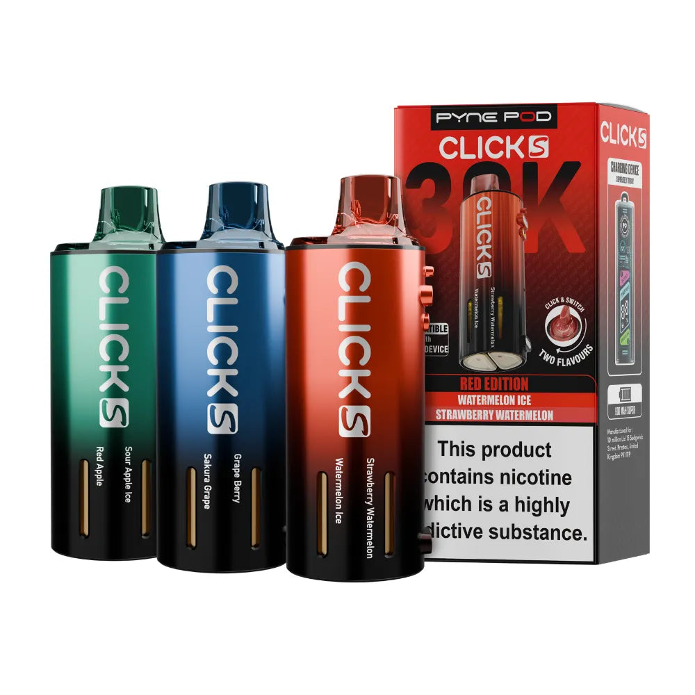 Three Pyne Pod Click S vape pods in green, blue, and red with a packaging box on a white background.