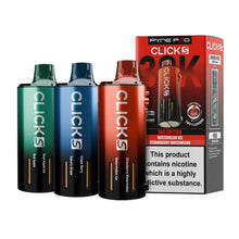 Three Pyne Pod Click S vape pods in green, blue, and red with a packaging box on a white background.