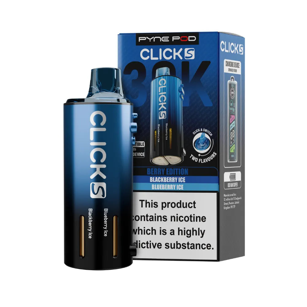 Pyne Pod Click S Pod in Berry Edition beside packaging on a white background.