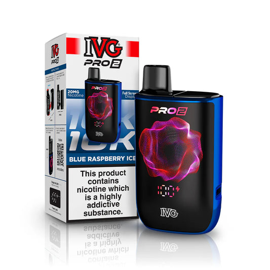 IVG Pro 2 prefilled vape device in "Blue Raspberry Ice" flavour with packaging on a white background.