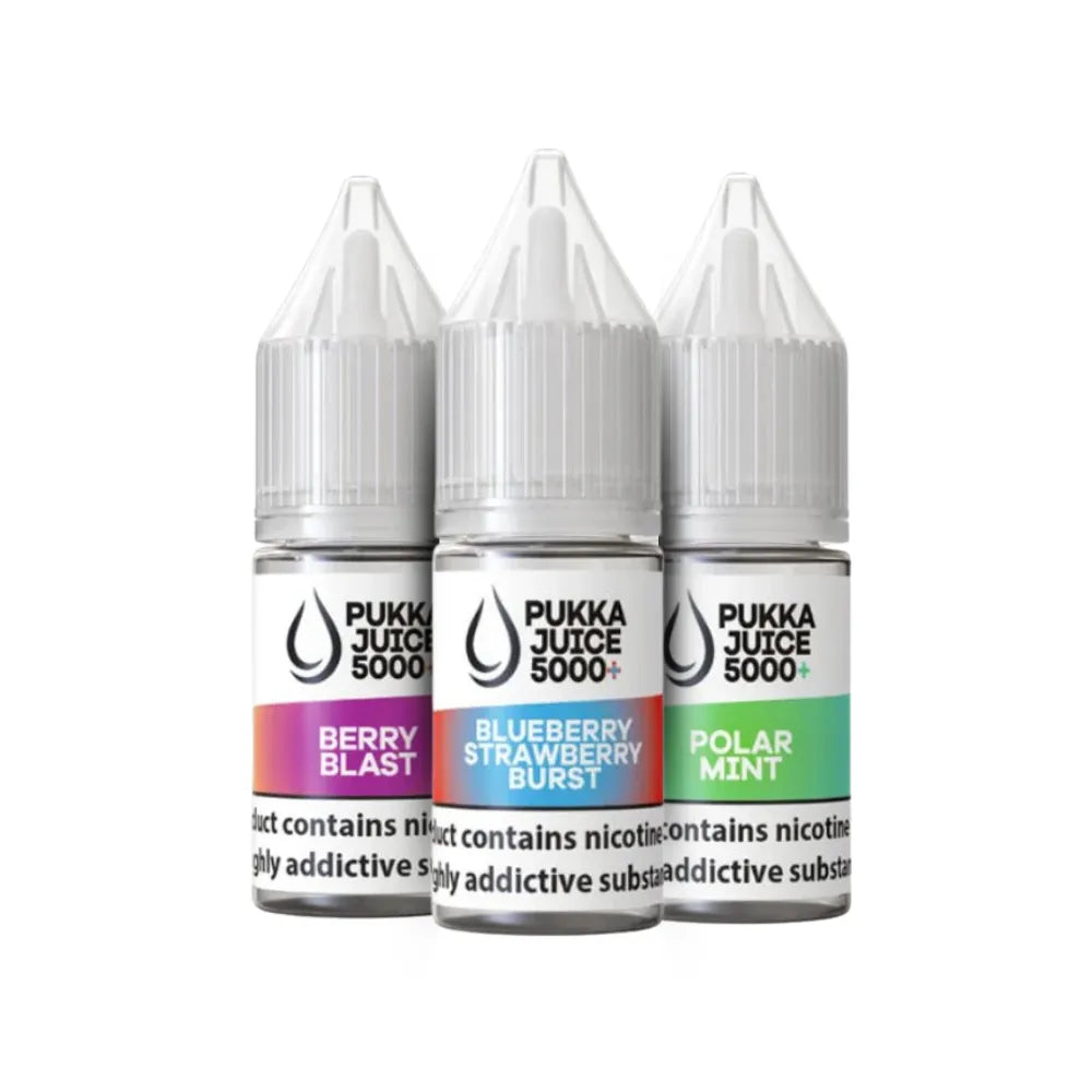 Three bottles of Pukka Juice 5000+ e-liquid on a white background
