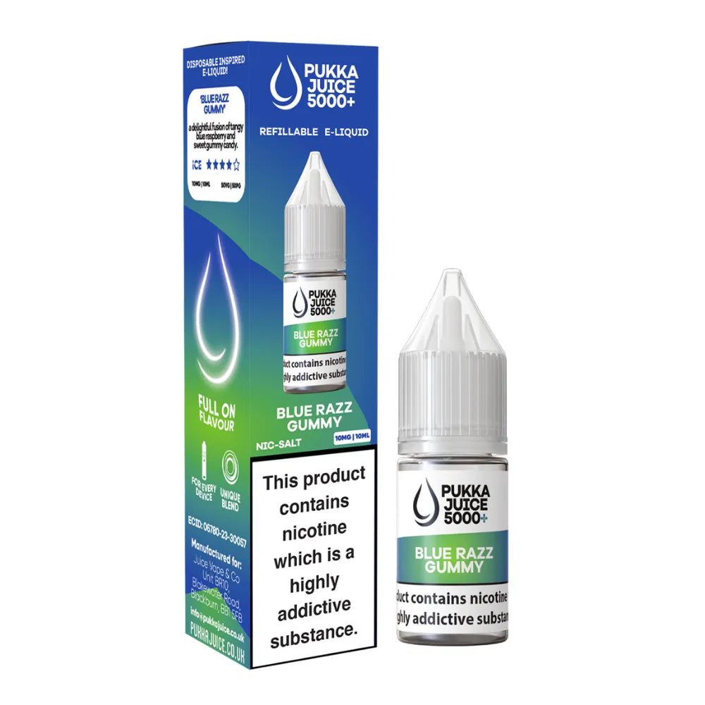 Pukka Juice 5000+ Blue Razz Gummy e-liquid bottle and packaging on a white background