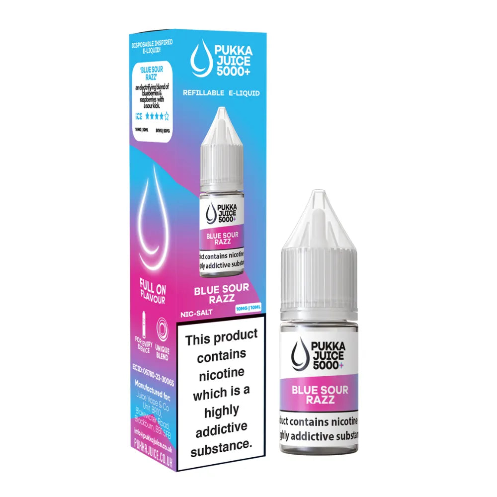 Pukka Juice 5000 Blue Sour Razz e-liquid bottle and packaging on a white background