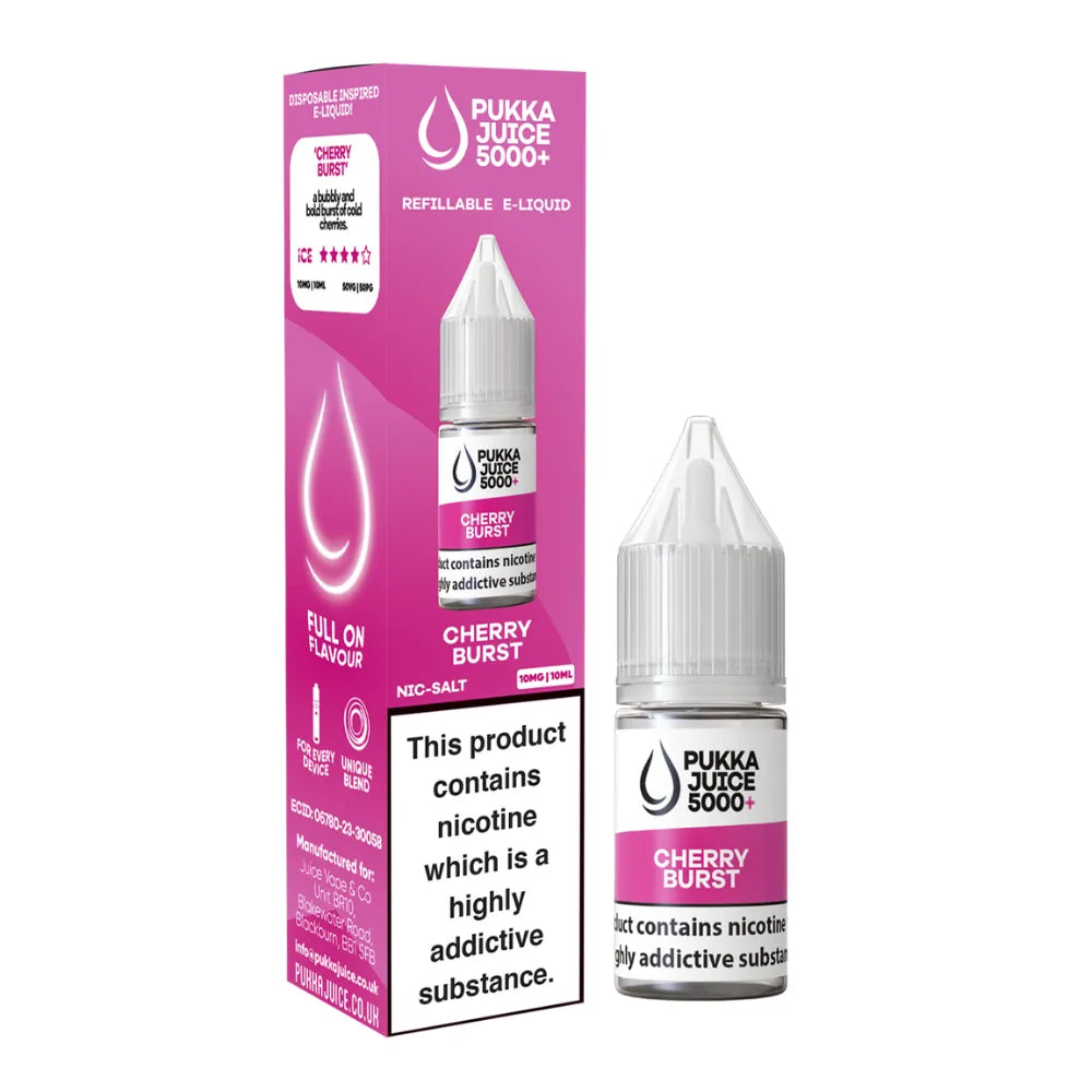 Pukka Juice Cherry Burst e-liquid bottle and packaging on a white background