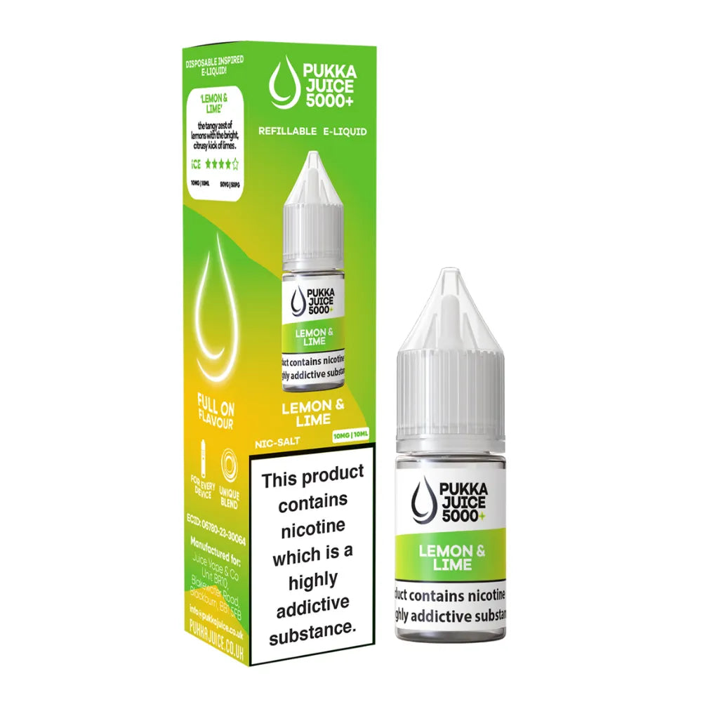 Pukka Juice Lemon & Lime e-liquid bottle and packaging on a white background