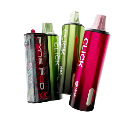 Colourful Pyne Pod Click 50K vape device in "Apple Edition" with 2 refill pods on a white background.
