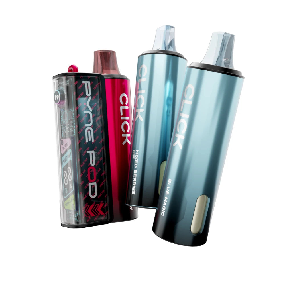 Colourful Pyne Pod Click 50K vape device in "Berry Edition" with 2 refill pods on a white background.
