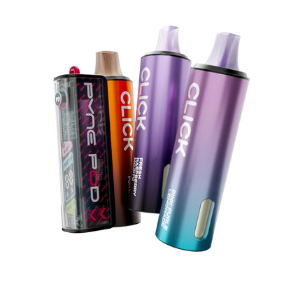 Colourful Pyne Pod Click 50K vape device in "Drinks Edition" with 2 refill pods on a white background.