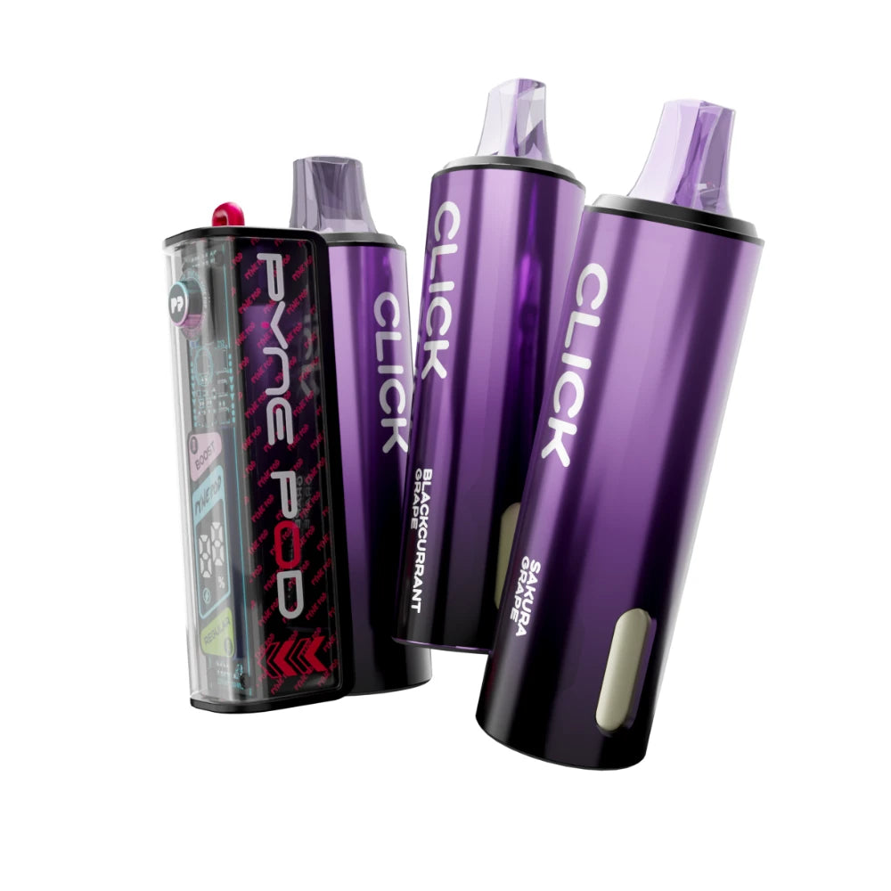 Colourful Pyne Pod Click 50K vape device in "Grape Edition" with 2 refill pods on a white background.