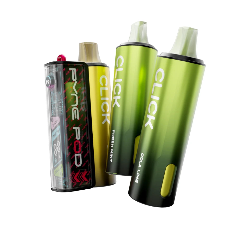 Colourful Pyne Pod Click 50K vape device in "Green Edition" with 2 refill pods on a white background.
