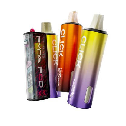 Colourful Pyne Pod Click 50K vape device in "Mango Edition" with 2 refill pods on a white background.
