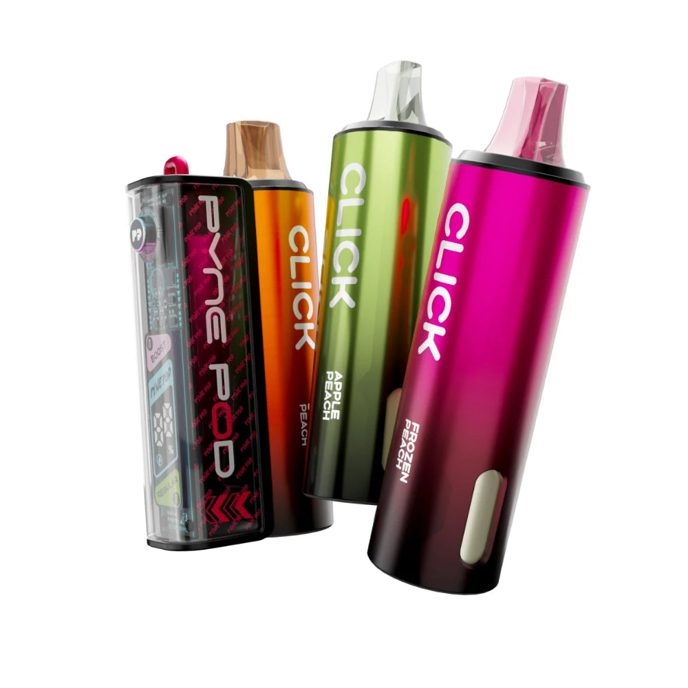 Colourful Pyne Pod Click 50K vape device in "Peach Edition" with 2 refill pods on a white background.