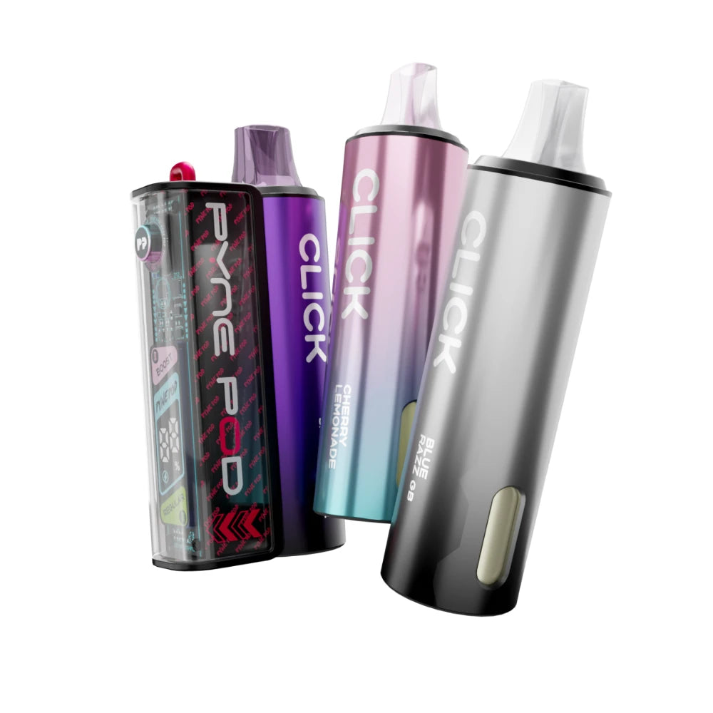 Colourful Pyne Pod Click 50K vape device in "Purple Edition" with 2 refill pods on a white background.