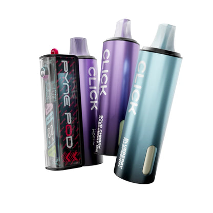 Colourful Pyne Pod Click 50K vape device in "Raspberry Edition" with 2 refill pods on a white background.