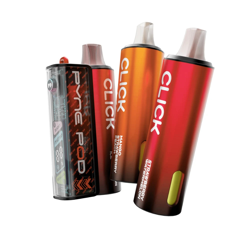 Colourful Pyne Pod Click 50K vape device in "Red Edition" with 2 refill pods on a white background.