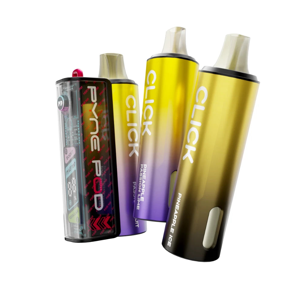 Colourful Pyne Pod Click 50K vape device in "Tropical Edition" with 2 refill pods on a white background.