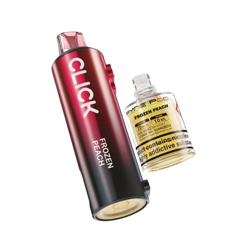 Pyne Pod Click 50k Refill pod and prefilled container in "Frozen peach" flavour on a white background.
