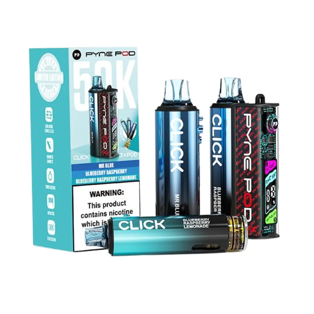 Pyne Pod and Click vape devices with packaging on a white background