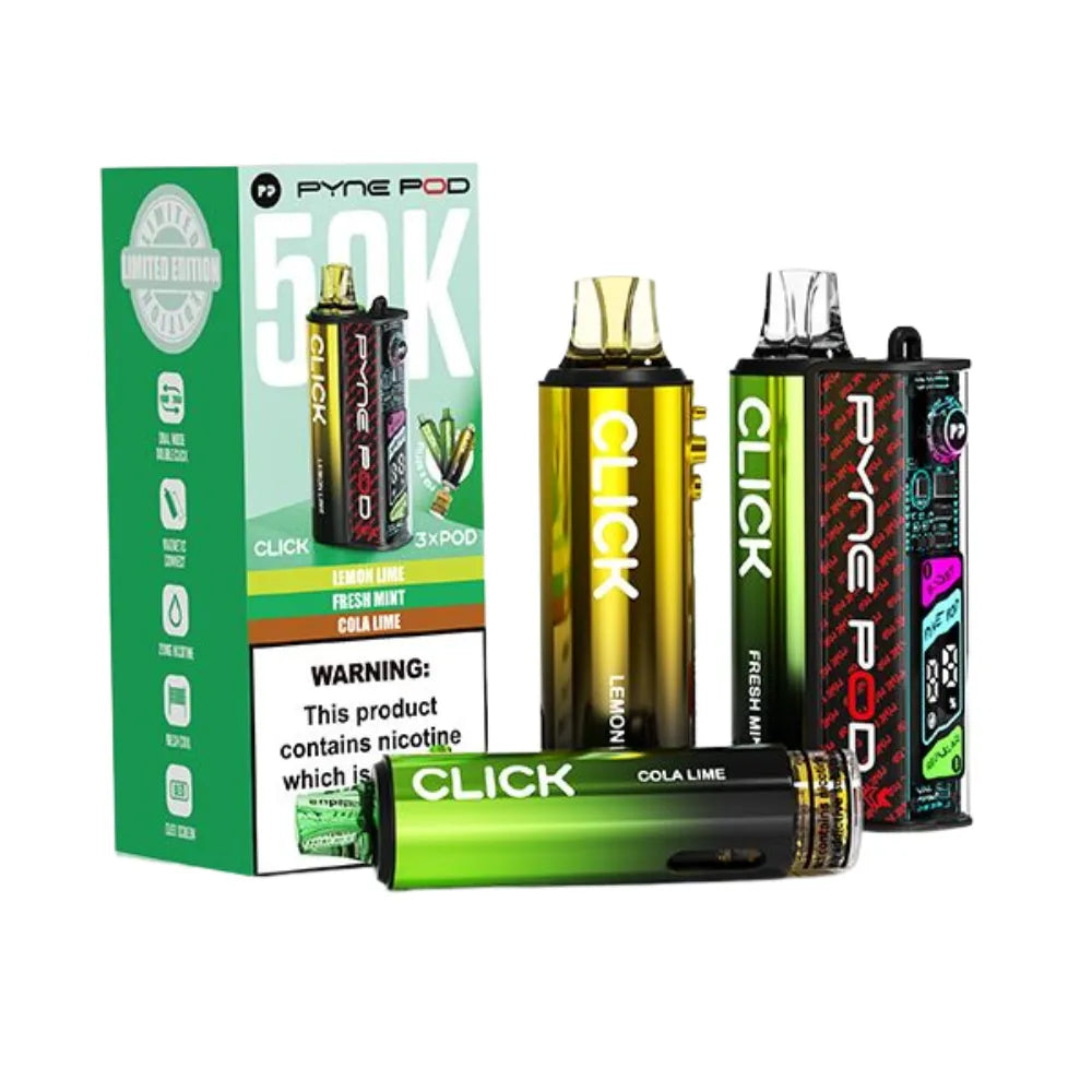 Collection of Click and Pyre Pod vape devices with packaging on a white background