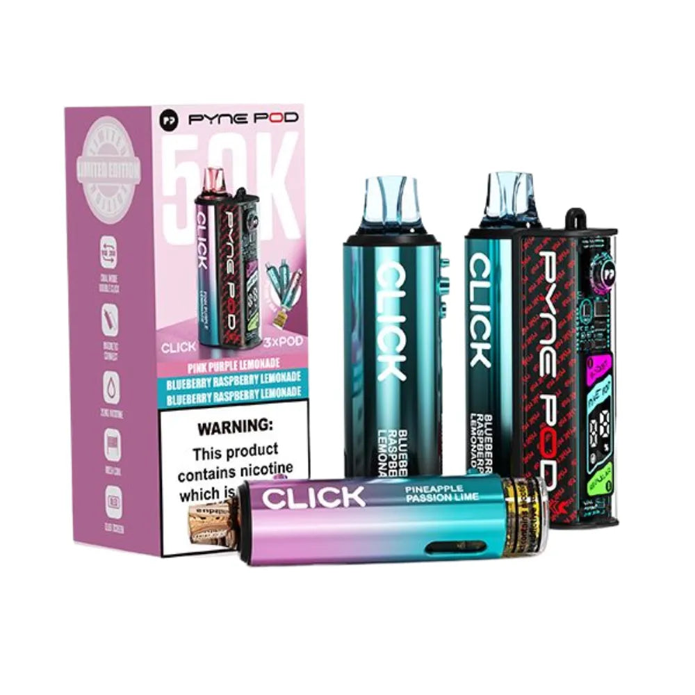 Pyne Pod and Click vape devices with packaging on a white background