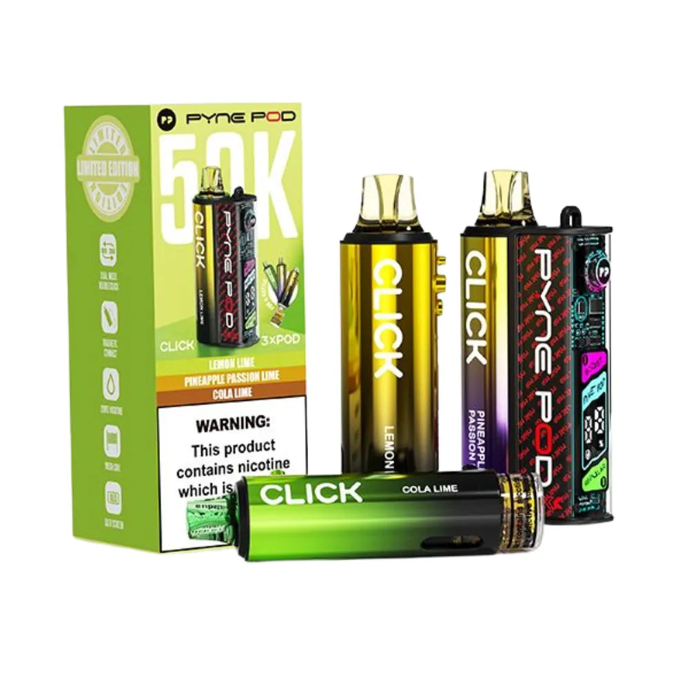 Pyne Pod and Click vape devices with packaging on a white background