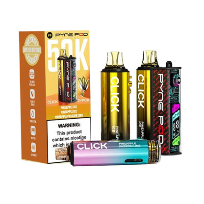 Vape devices and packaging with 'Click' and 'Pyne Pod' branding on a white background.