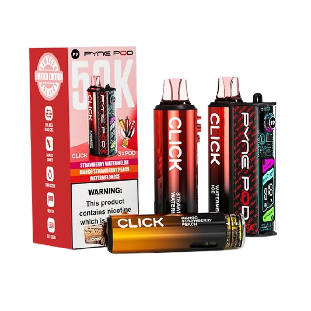 Vape devices and packaging with 'Click' and 'Pyre Pod' branding on a white background.