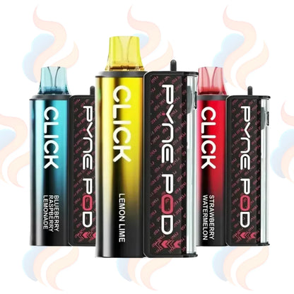 Three Pyne Pod Click 50K vape devices in various flavours on a UK Vape Supply Logo background