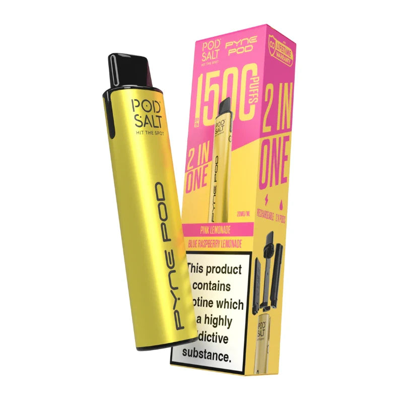 Pyne Pod Pod Salt Yellow Lemonade Edition vape device with pink packaging on a white background