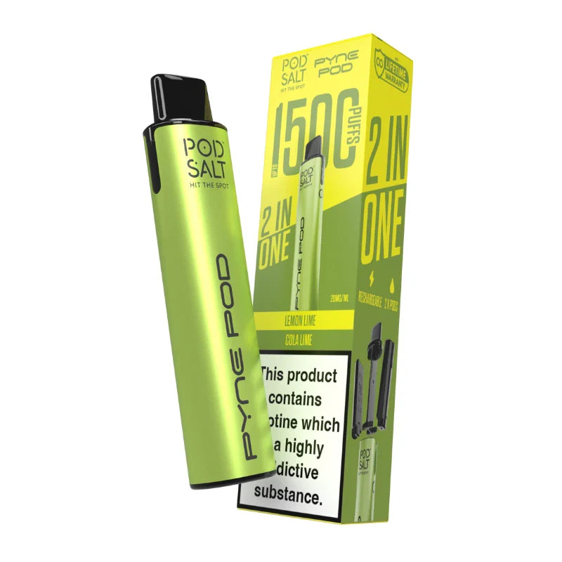 Pyne Pod Pod Salt Yellow Lime Edition vape device and packaging with 'POD SALT' branding on a white background