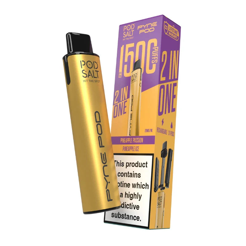 Pyne Pod Pod Salt Gold Pineapple Edition vape pen with purple packaging on a white background