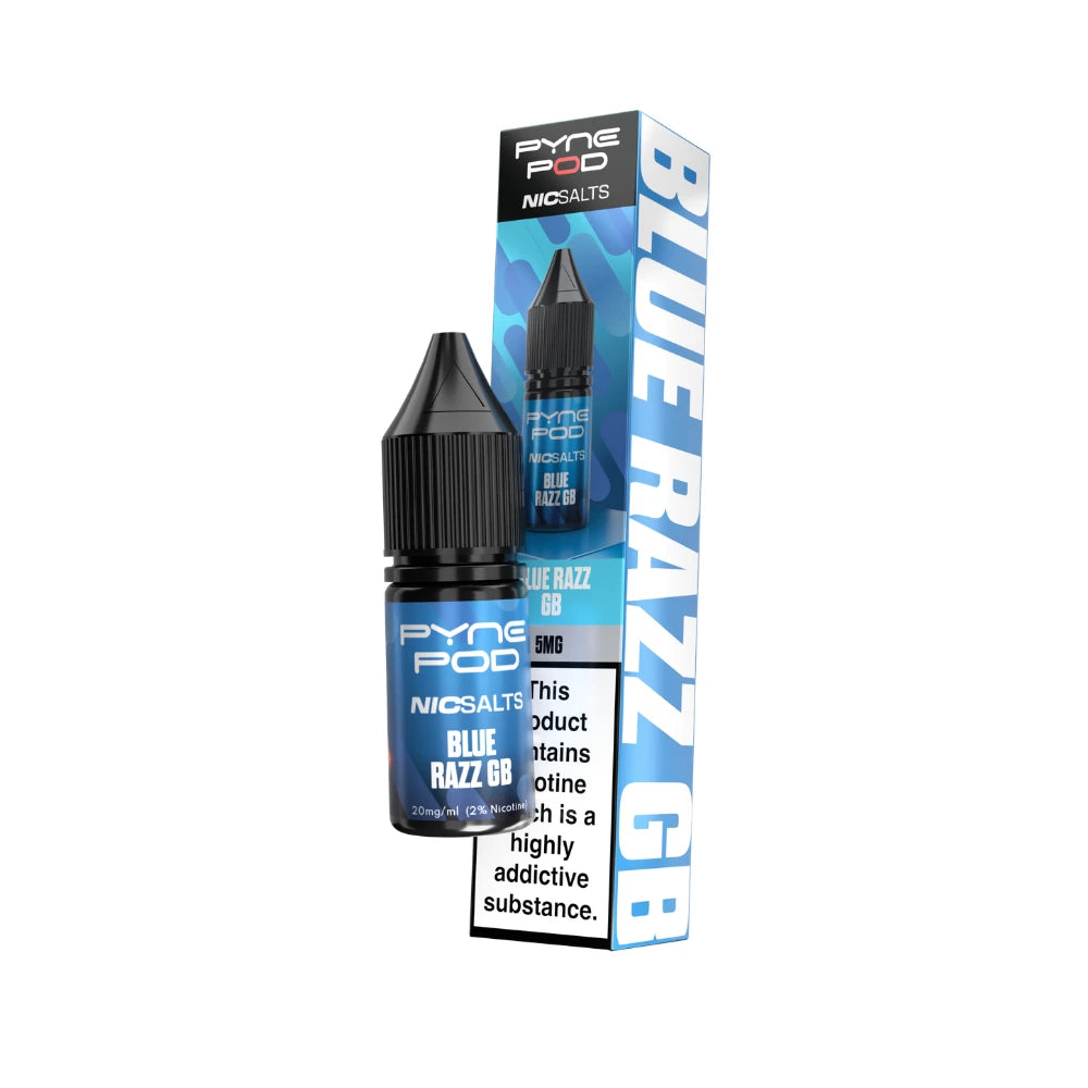 Pyne Pod Nic salt e-liquid blue bottle in "Blue Razz GB" flavour with corresponding packaging on a white background