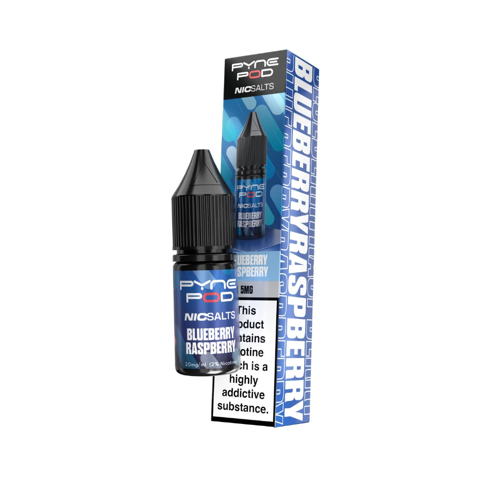 Pyne Pod Nic salt e-liquid navy bottle in "Blueberry Raspberry" flavour with corresponding packaging on a white background