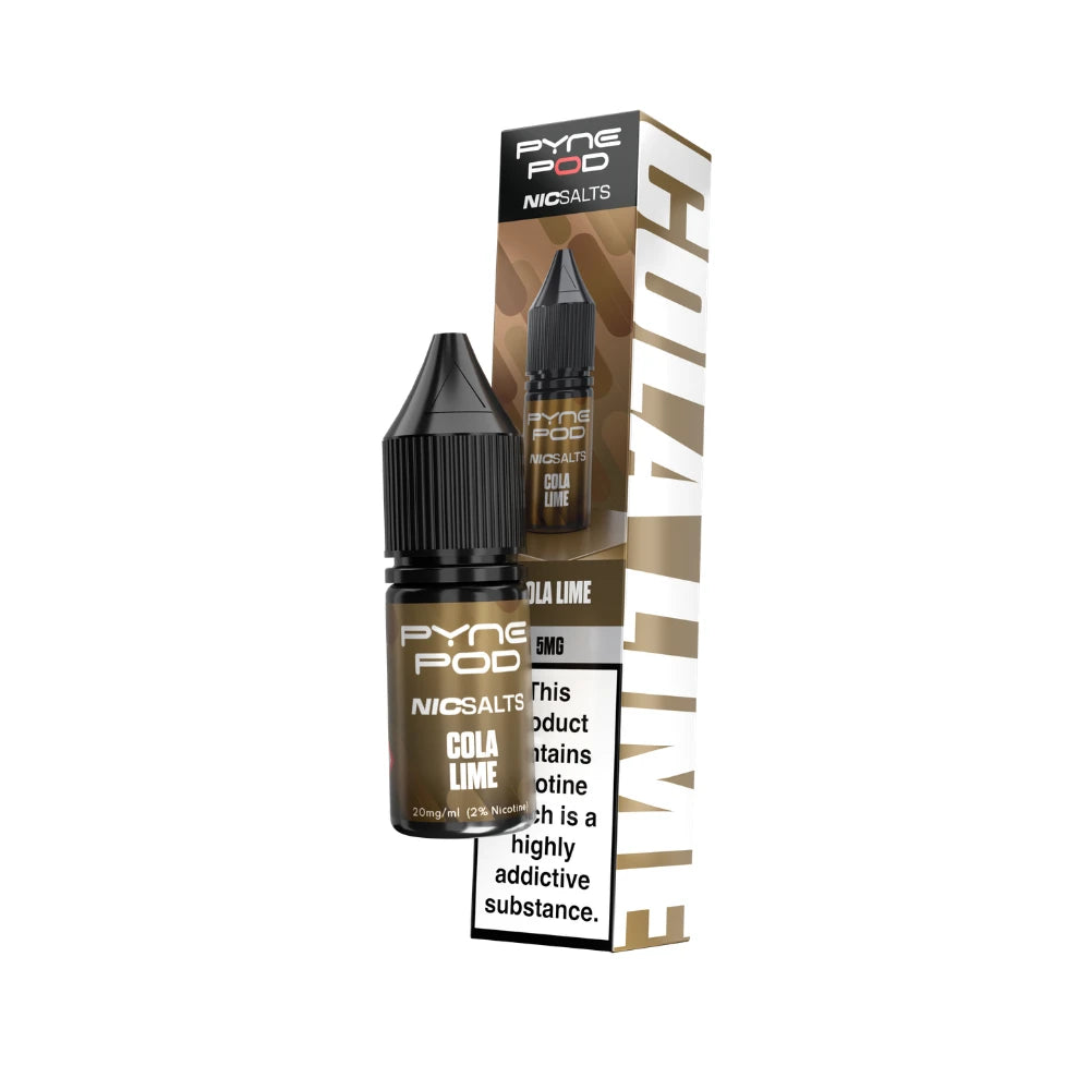 Pyne Pod Nic salt e-liquid brown bottle in "Cola Lime" flavour with corresponding packaging on a white background