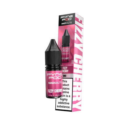 Pyne Pod Nic salt e-liquid pink bottle in "Fizzy Cherry" flavour with corresponding packaging on a white background