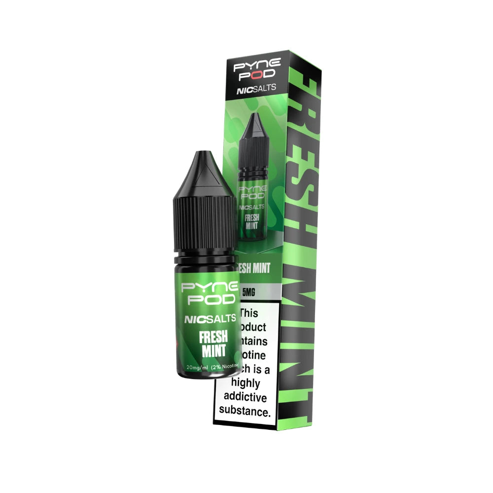 Pyne Pod Nic salt e-liquid green bottle in "Fresh mint" flavour with corresponding packaging on a white background