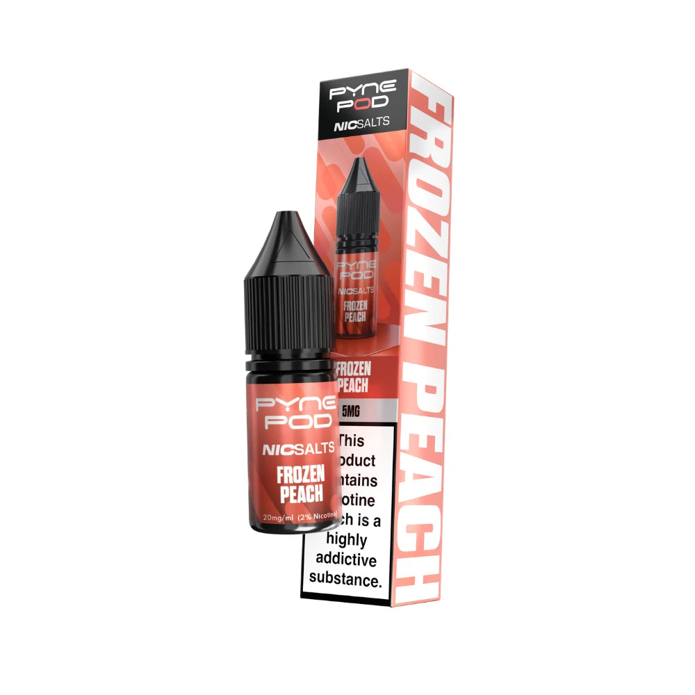 Pyne Pod Nic salt e-liquid coral-orange bottle in "Frozen peach" flavour with corresponding packaging on a white background
