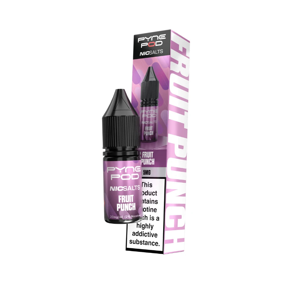 Pyne Pod Nic salt e-liquid purple bottle in "Fruit punch" flavour with corresponding packaging on a white background